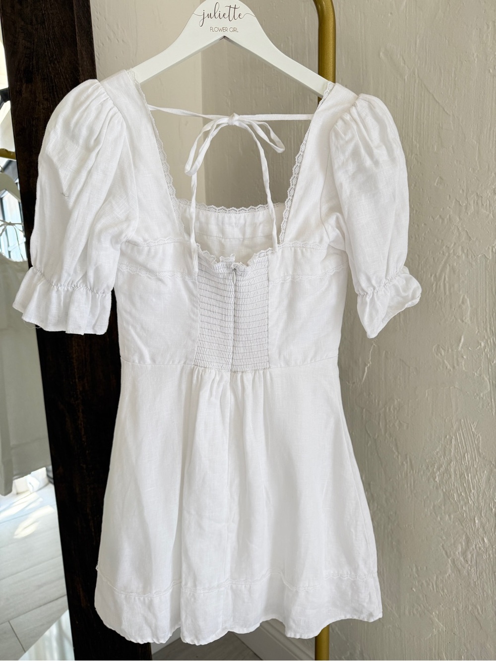 Reformation White Linen Mini Dress Size 4 Puff Sleeve Lace Like New - Picture 4 of 6